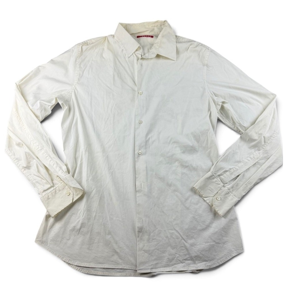 Prada Popeline Stretch Long Sleeve Shirt Men 44 White Slim Fit Old Money Formal
